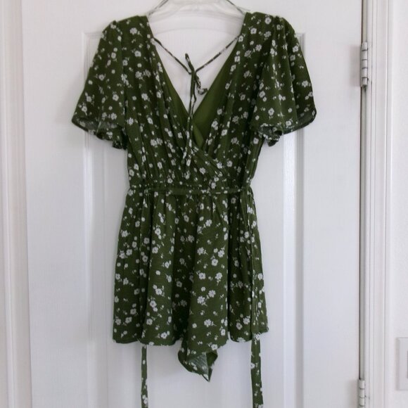 MIAMI Olive Army Green & White Floral Fit and Flare Romper S Surplice Tie Belt - Picture 6 of 12